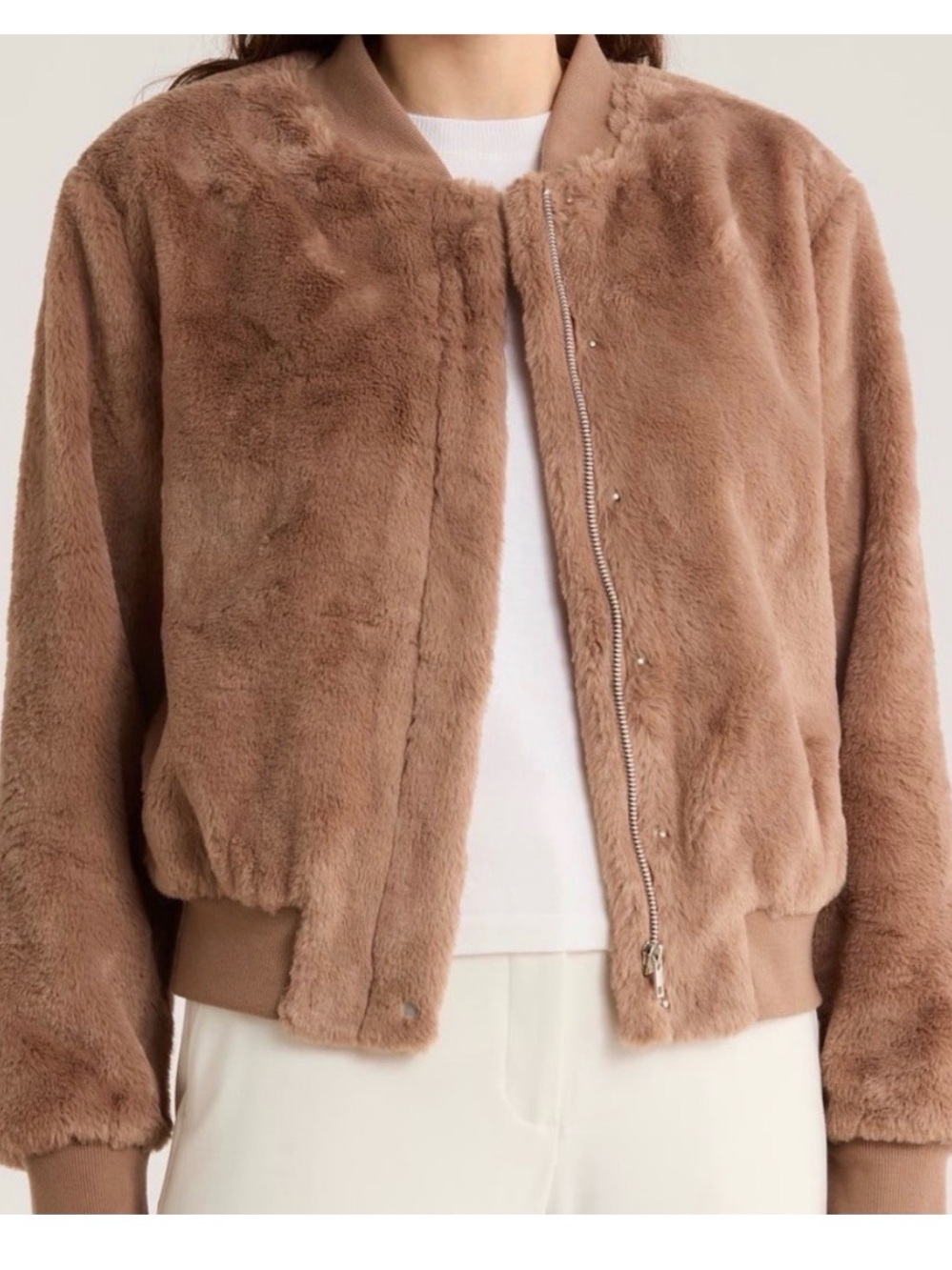 Faux Fur Bomber Jacket - Brown